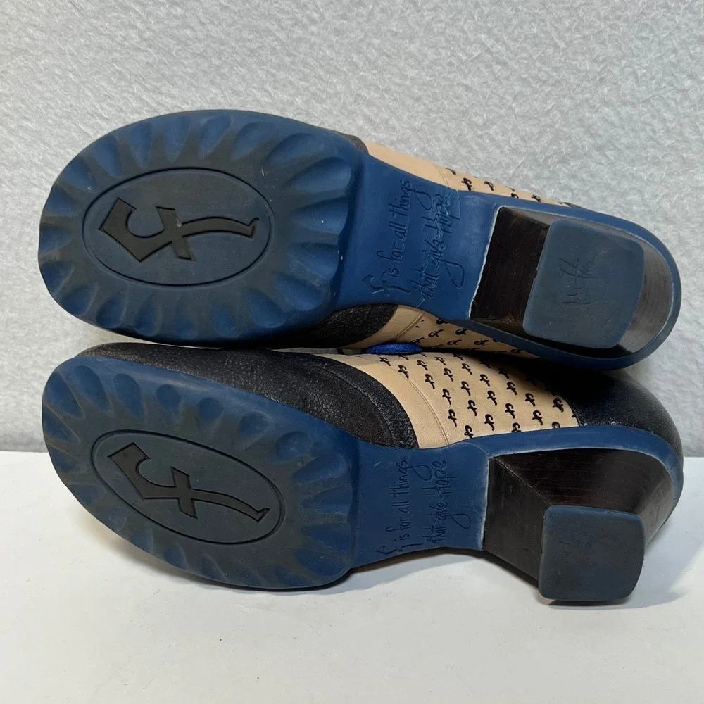 John Fluevog Leather Lace Up Oxford Heels Brown Tan Blue Size 8.5 Portugal